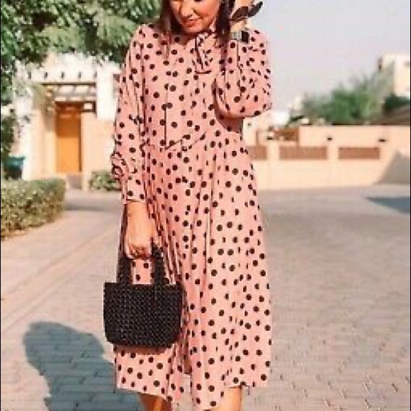 Zara Pleated Polka Dot Long Sleeve Dress w/ Neck Tie Pink/Black NWT. - Picture 3 of 9
